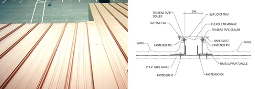 Slip joint being used for transverse tie-in between adjacent roof surfaces.